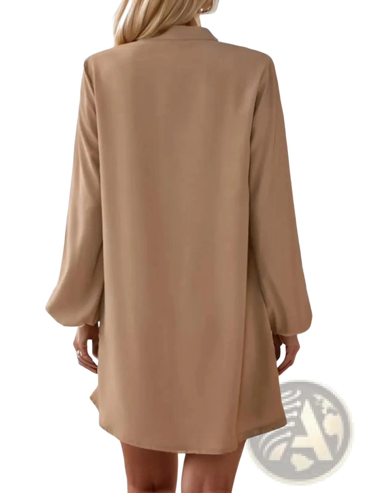 A flowing beige bell sleeve button down midi dress with a relaxed fit and soft fabric for comfortable wear