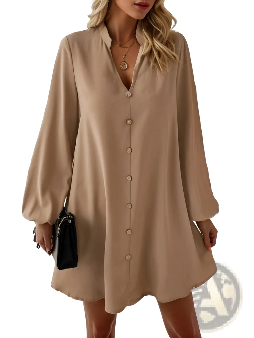 Beige bell sleeve button down midi dress with long sleeves and a flowing loose fit in lightweight fabric