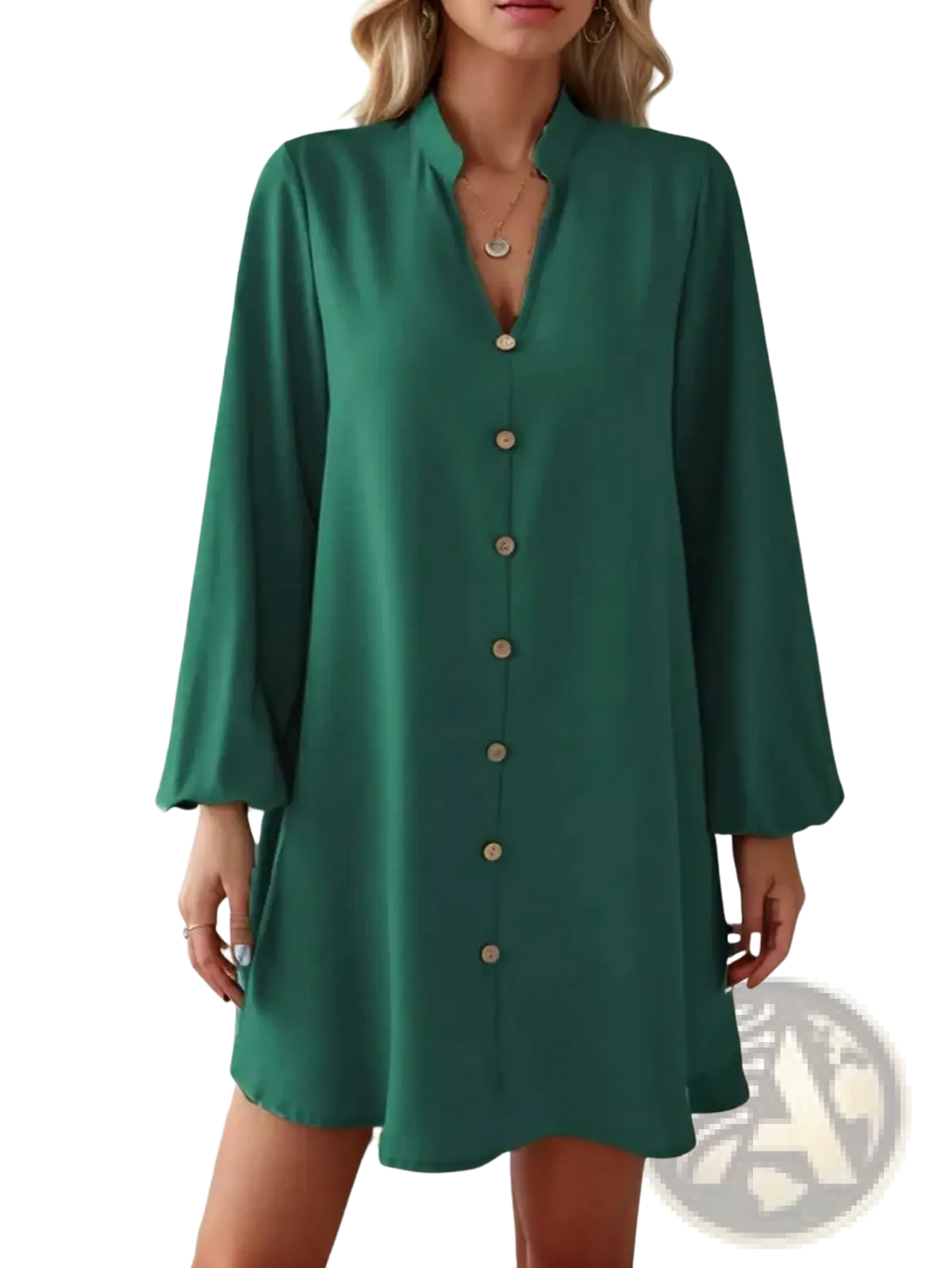 Emerald green bell sleeve button down midi dress with long sleeves flared cuffs and relaxed fit