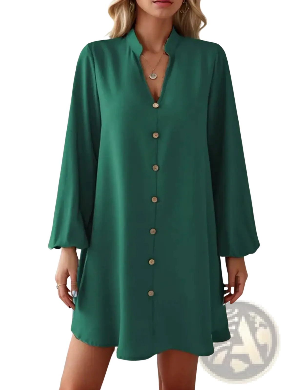 Emerald green bell sleeve button down midi dress with long sleeves flared cuffs and relaxed fit