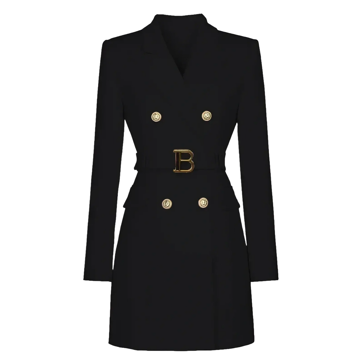 Black balmain belted double breasted blazer dress with gold tone buttons and prominent b belt buckle