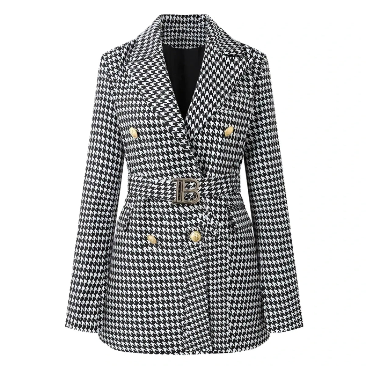 Black and white houndstooth belted double breasted blazer dress with gold-tone buttons and ornate b buckle belt