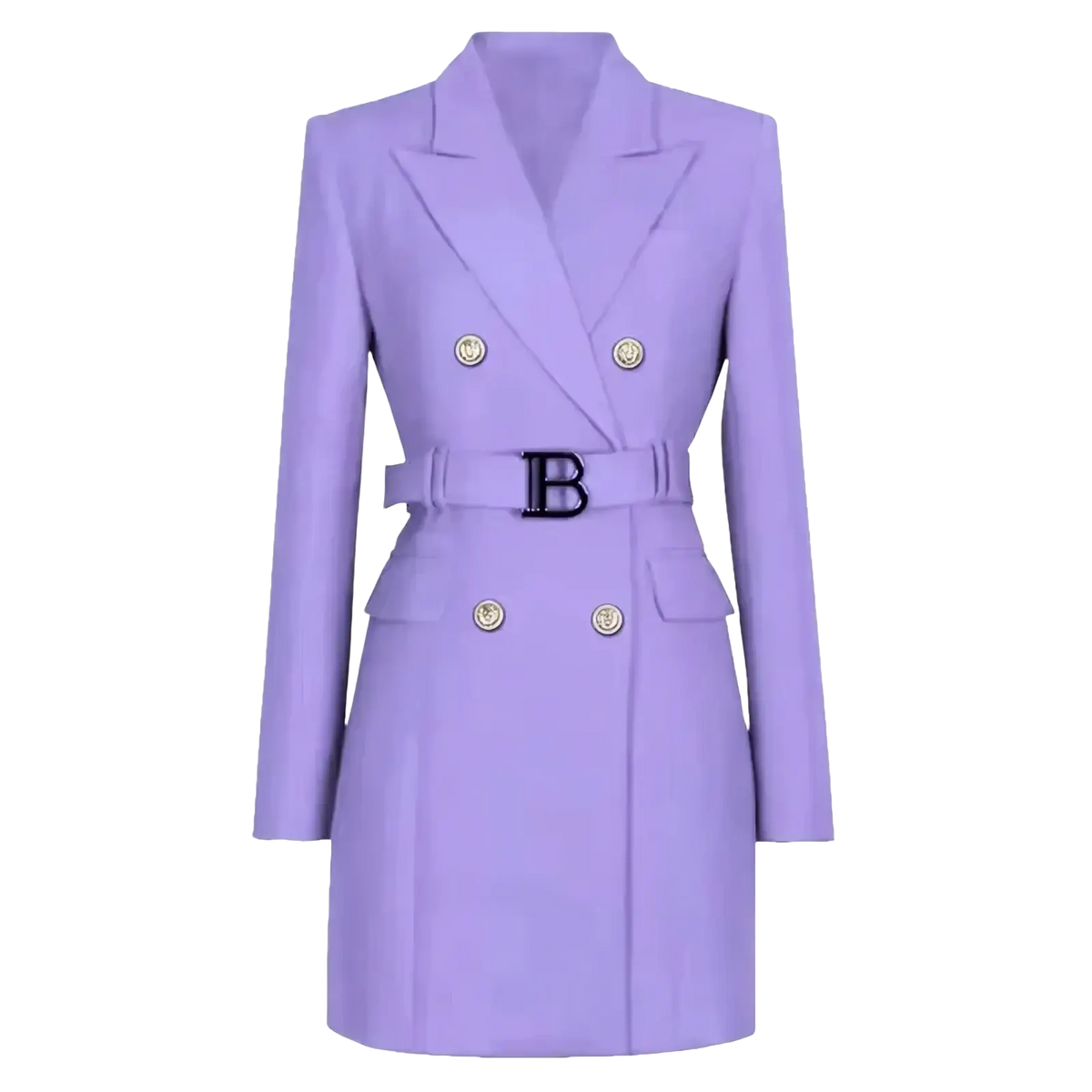 Lavender double breasted blazer dress with gold toned buttons and a black belt featuring a prominent b buckle