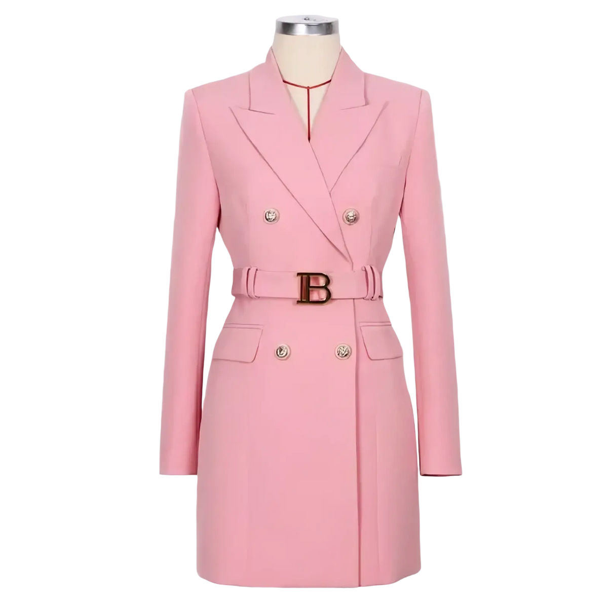 Pink belted double breasted blazer dress with silver buttons and gold tone B buckle on the belt