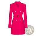 Vibrant fuchsia belted double breasted blazer dress with gold toned buttons and embossed b buckle belt