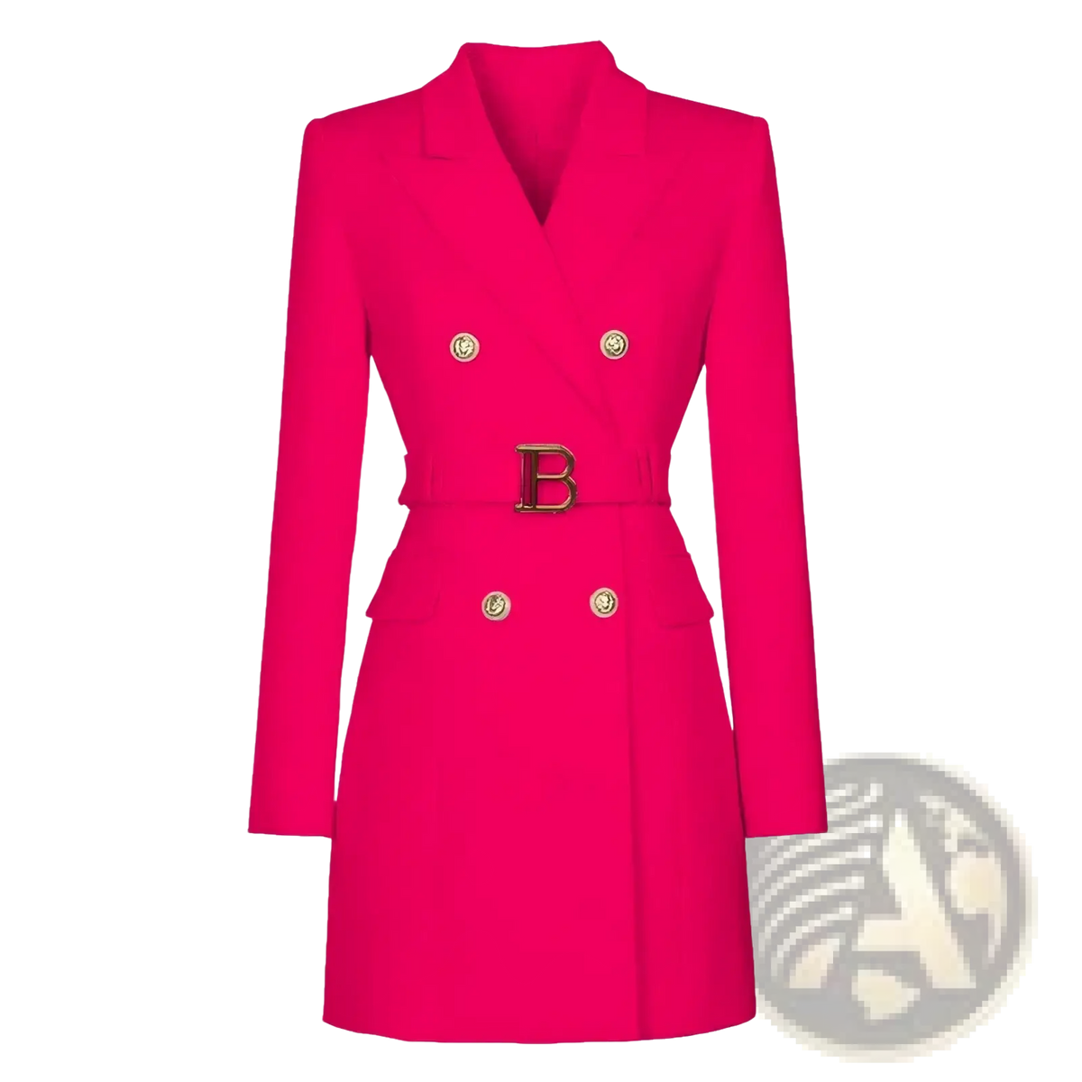 Vibrant fuchsia belted double breasted blazer dress with gold toned buttons and embossed b buckle belt