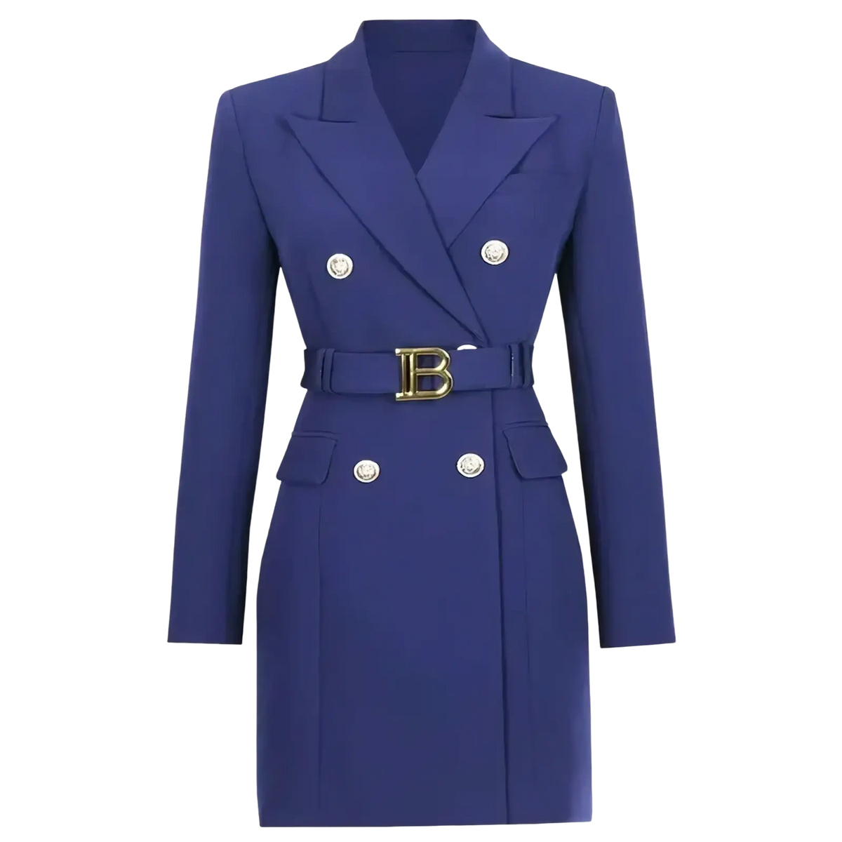 Royal blue balmain belted double breasted blazer dress with gold tone buttons and prominent b belt buckle