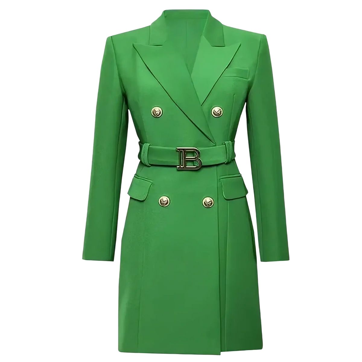 Vibrant green belted double breasted blazer dress with gold toned buttons and embossed b buckle belt