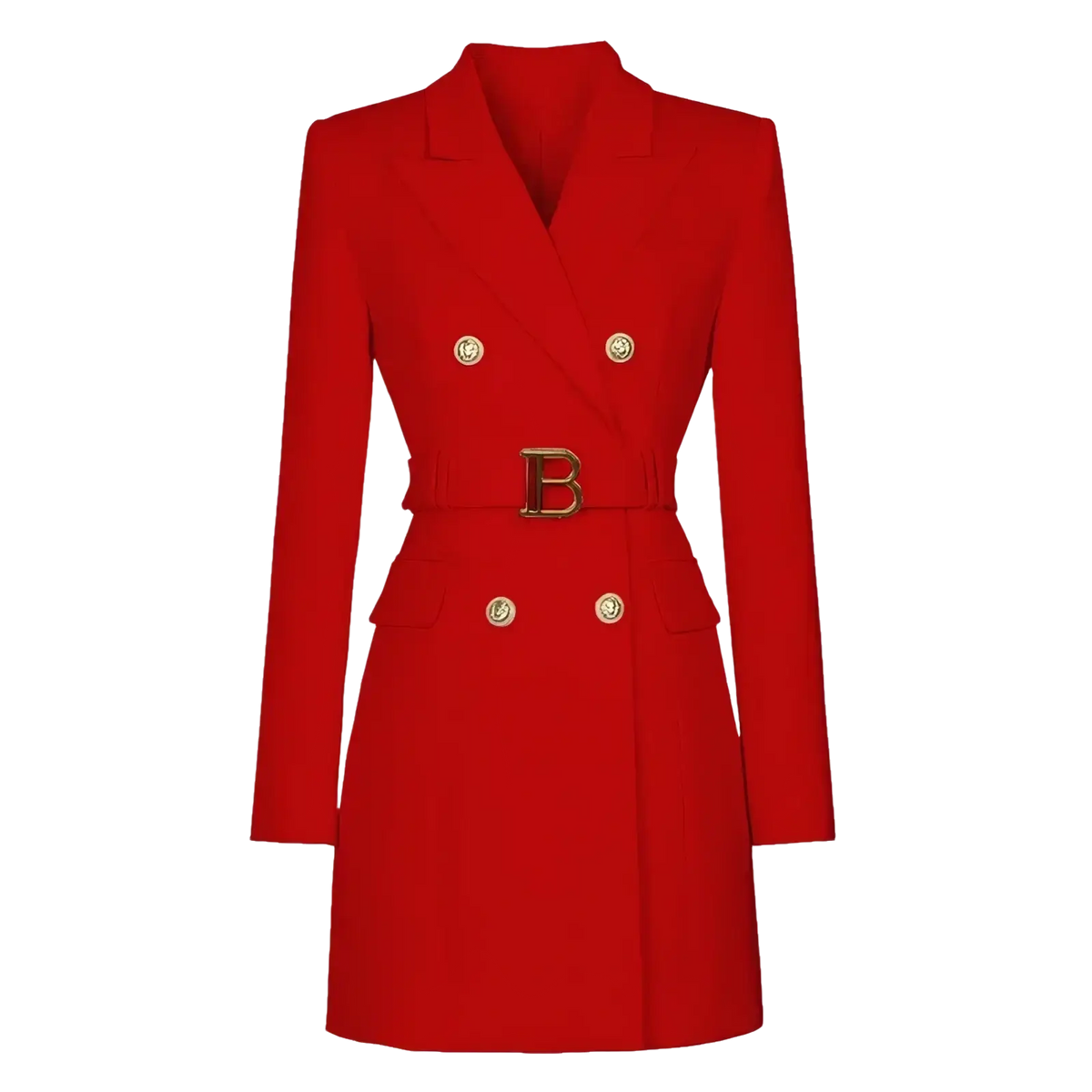 A vibrant red double-breasted blazer dress with gold buttons and a matching embossed b buckle belt