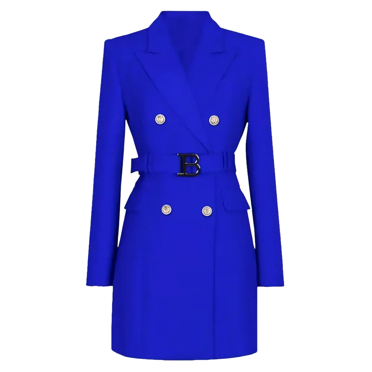 Vibrant royal blue belted double breasted blazer dress with gold toned buttons and black belt featuring b buckle