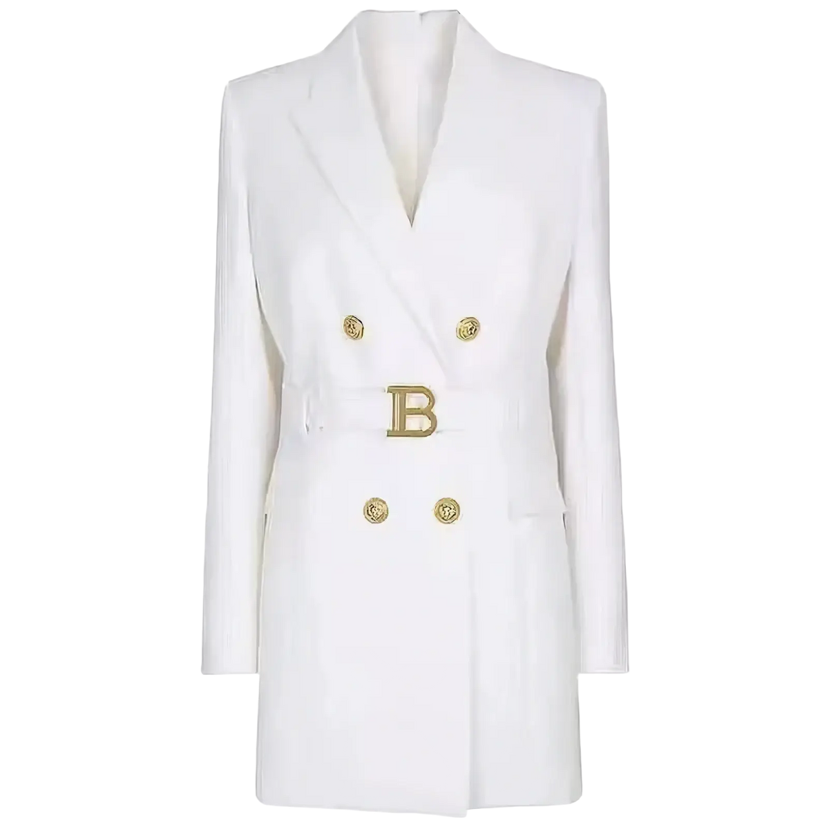 White balmain belted double breasted blazer dress with gold tone buttons and prominent b belt buckle