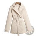 Cream-colored belted hooded puffer coat with quilted texture and structured collar for cold weather wear
