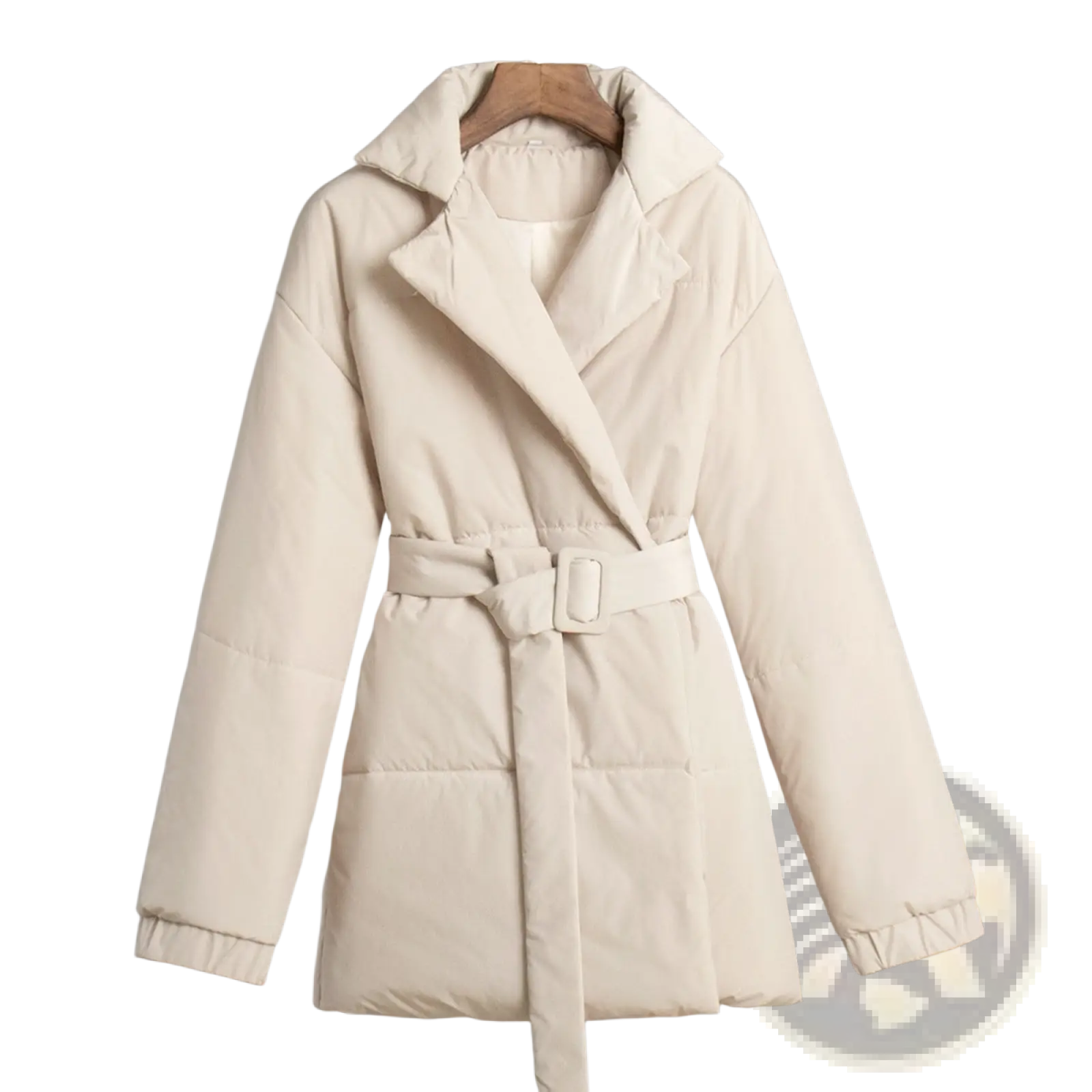 Cream-colored belted hooded puffer coat with quilted texture and structured collar for cold weather wear