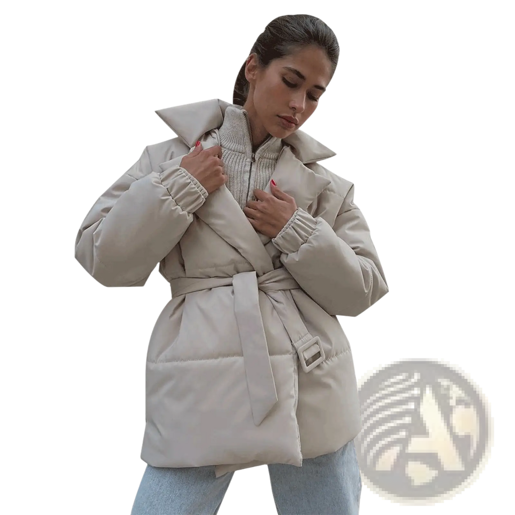 Beige belted hooded puffer coat with ribbed cuffs featuring a belted waist for a tailored fit