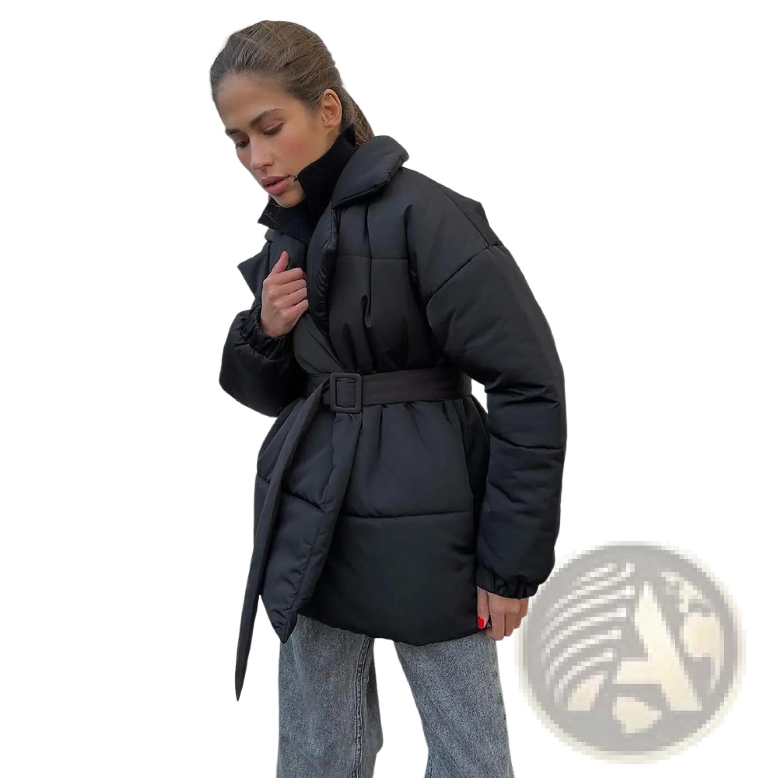 Black belted hooded puffer coat with quilted design offering warmth and style for cold weather wear