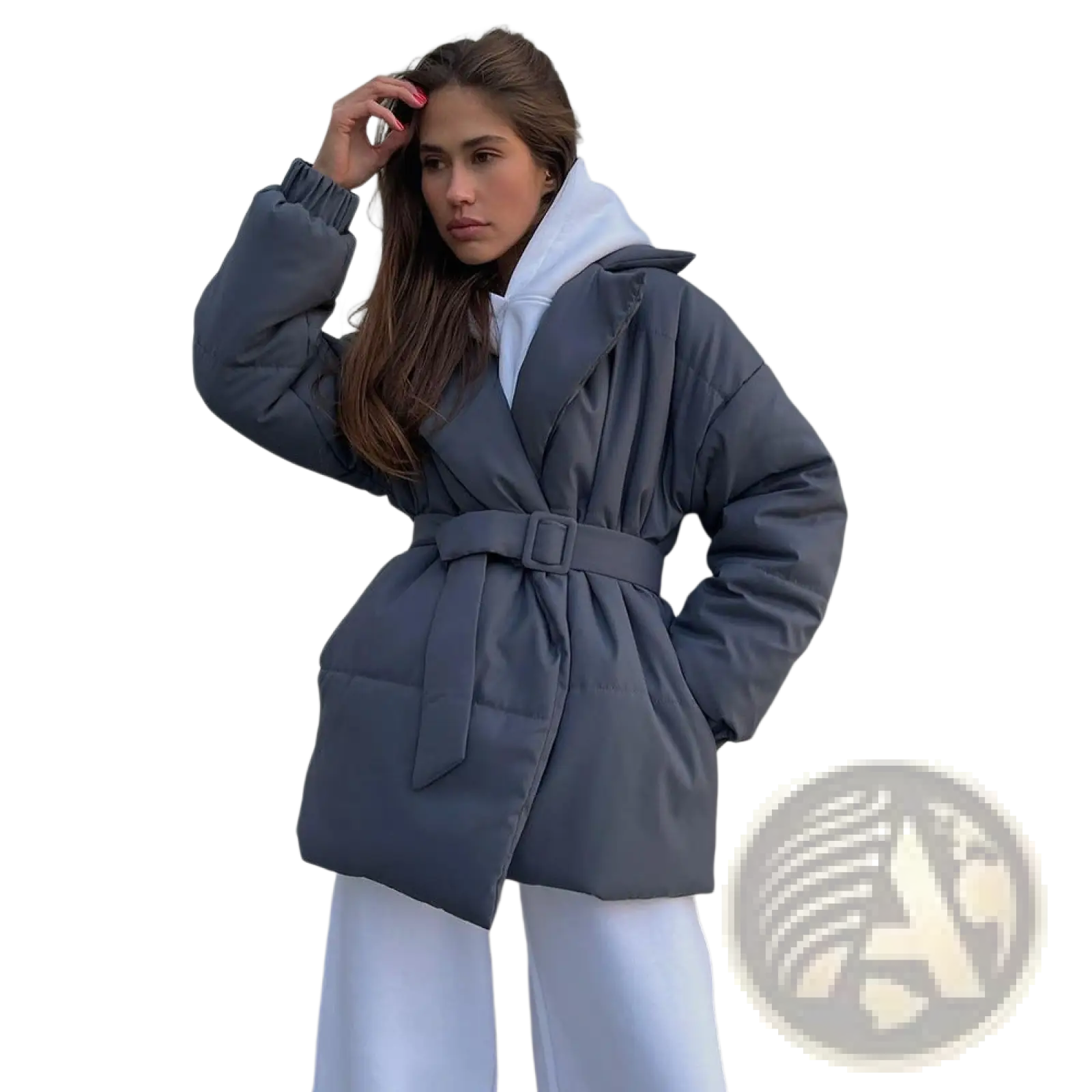 Gray belted hooded puffer coat with quilted design made from insulated material for cold weather use