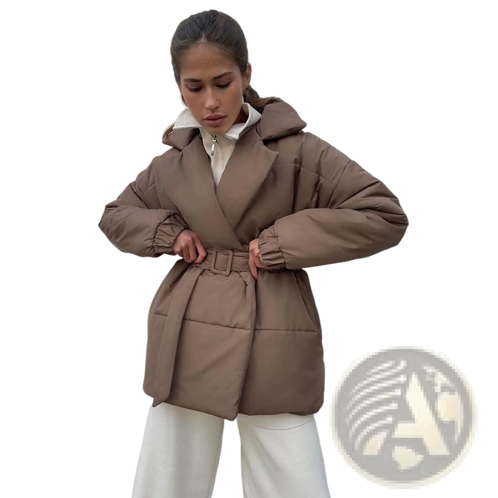 A taupe quilted belted hooded puffer coat designed for warmth and style in cold weather