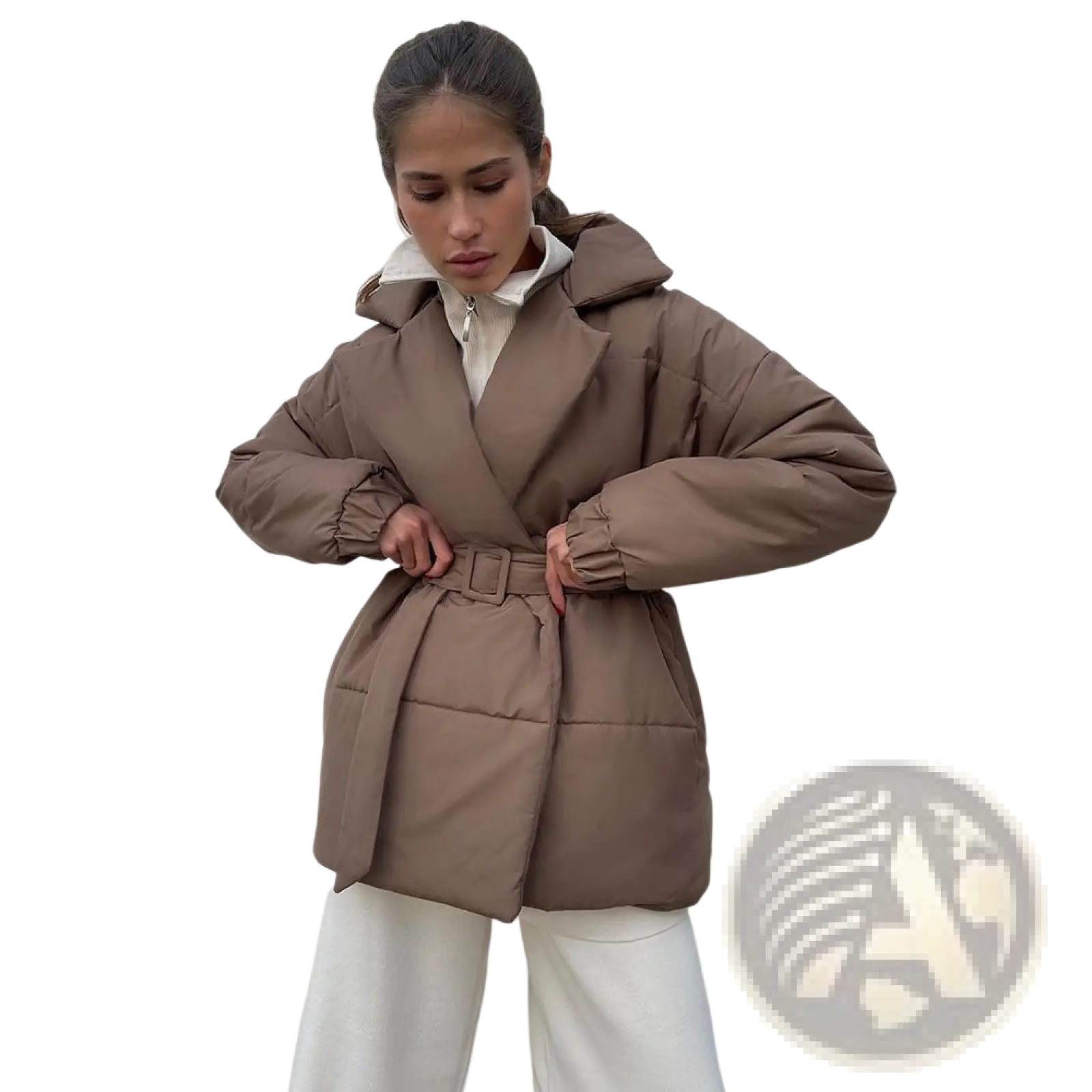 A taupe quilted belted hooded puffer coat designed for warmth and style in cold weather