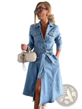 Light blue denim midi shirt dress with front button closure belt tie waist and side slit