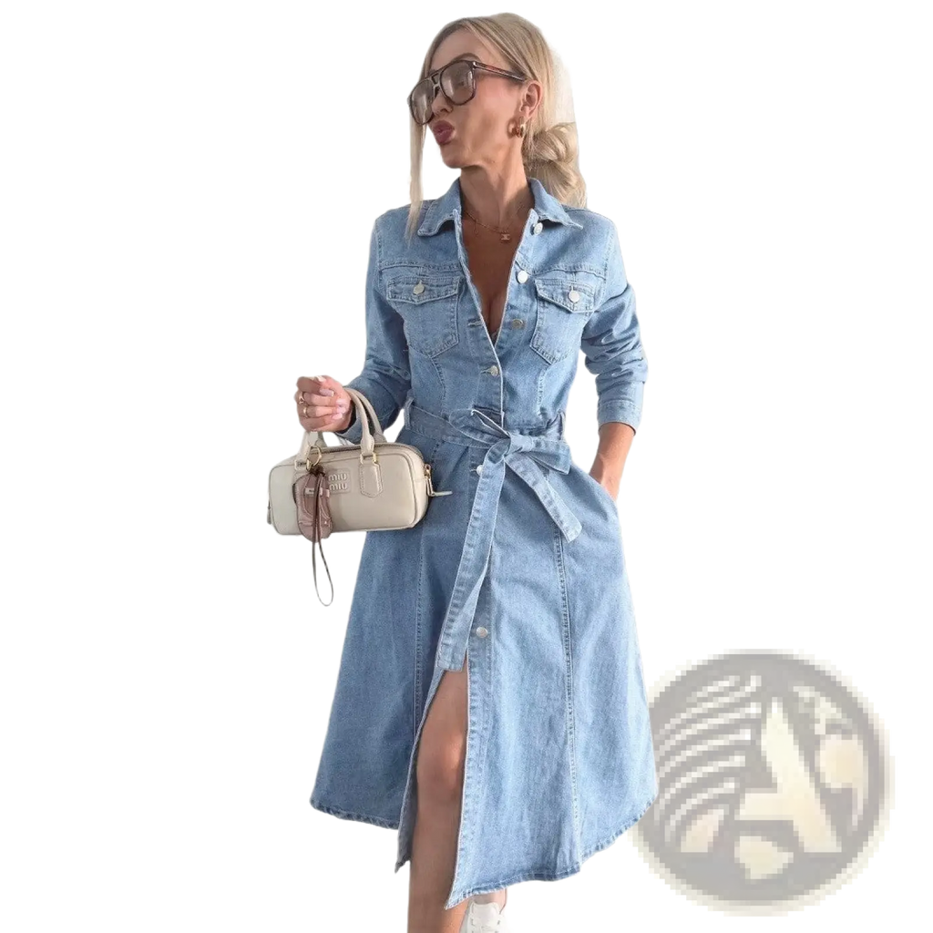Belted light blue denim midi shirt dress with button-up front belt tie waist and side slit