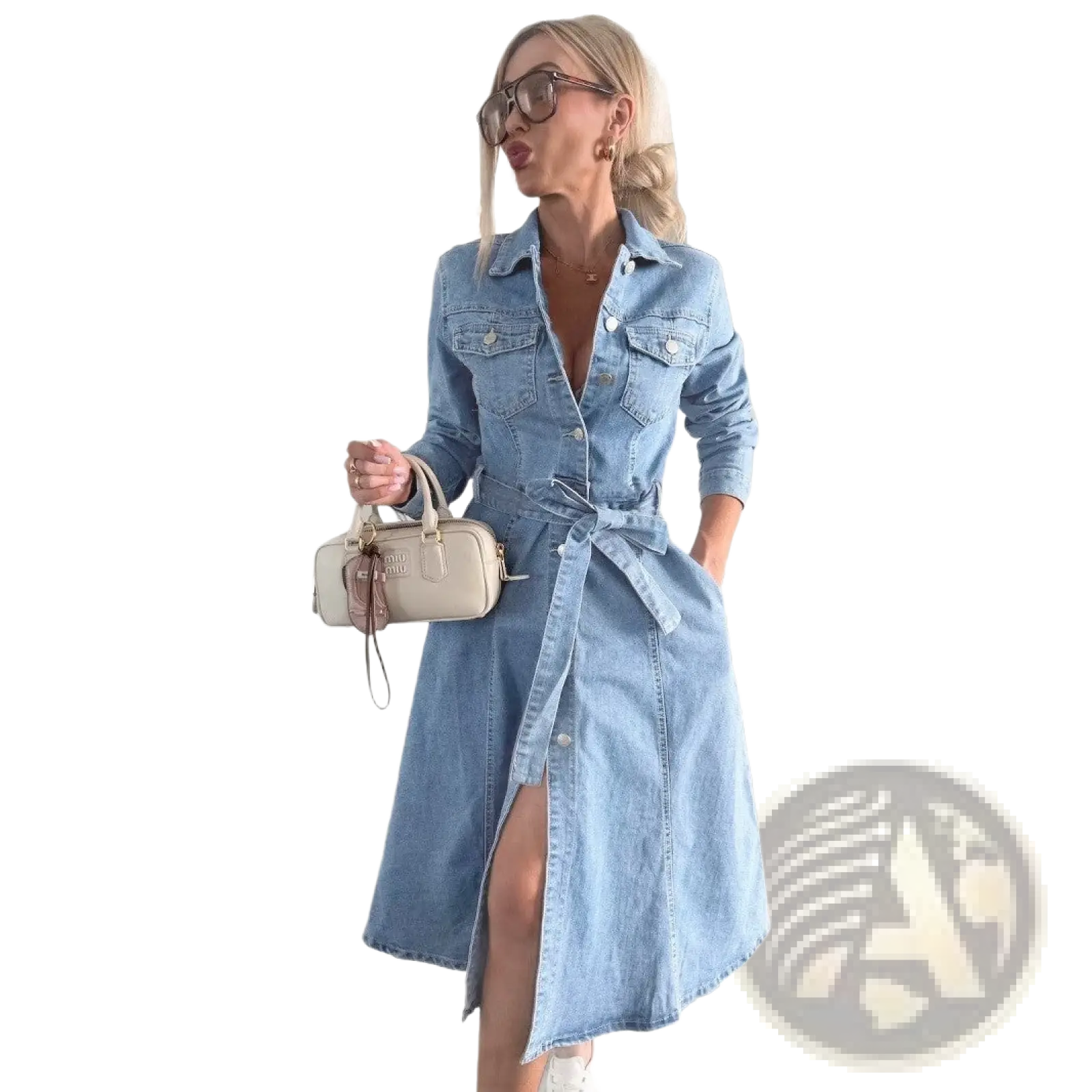 Belted light blue denim midi shirt dress with button-up front belt tie waist and side slit