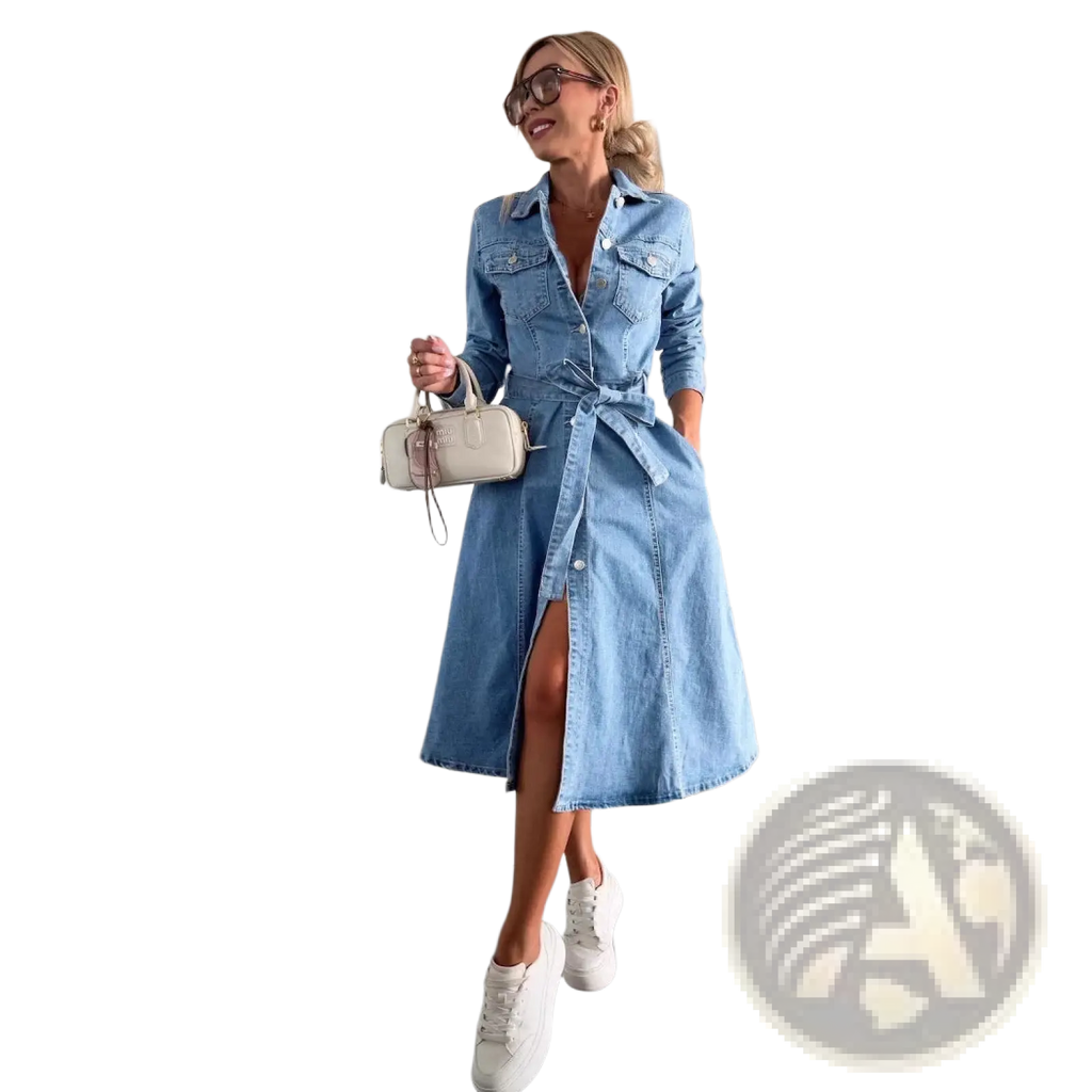 Light blue denim midi shirt dress with front button closure belt tie at waist and high slit on one side