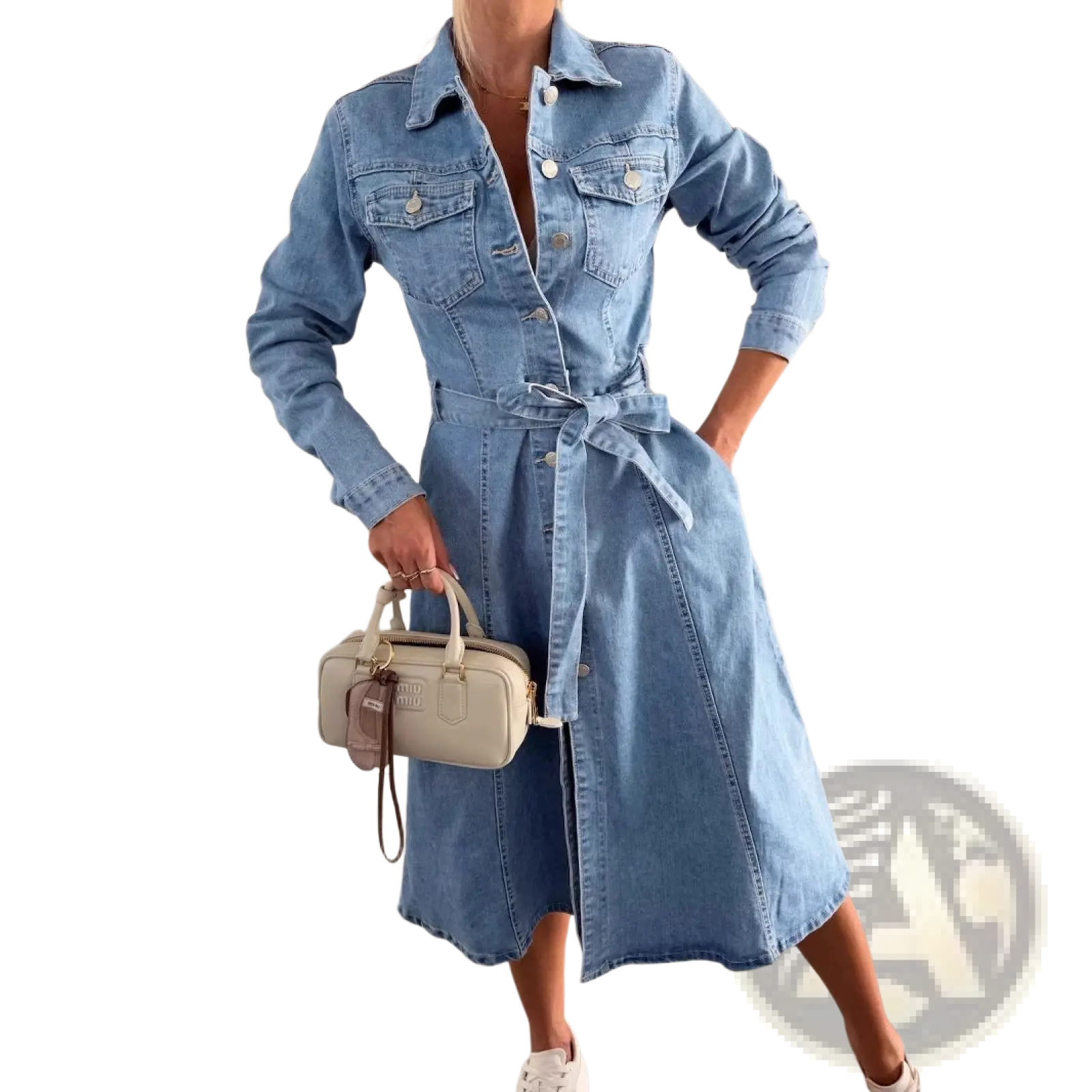 Light blue denim midi shirt dress with buttons, belted waist, and front pockets for casual wear