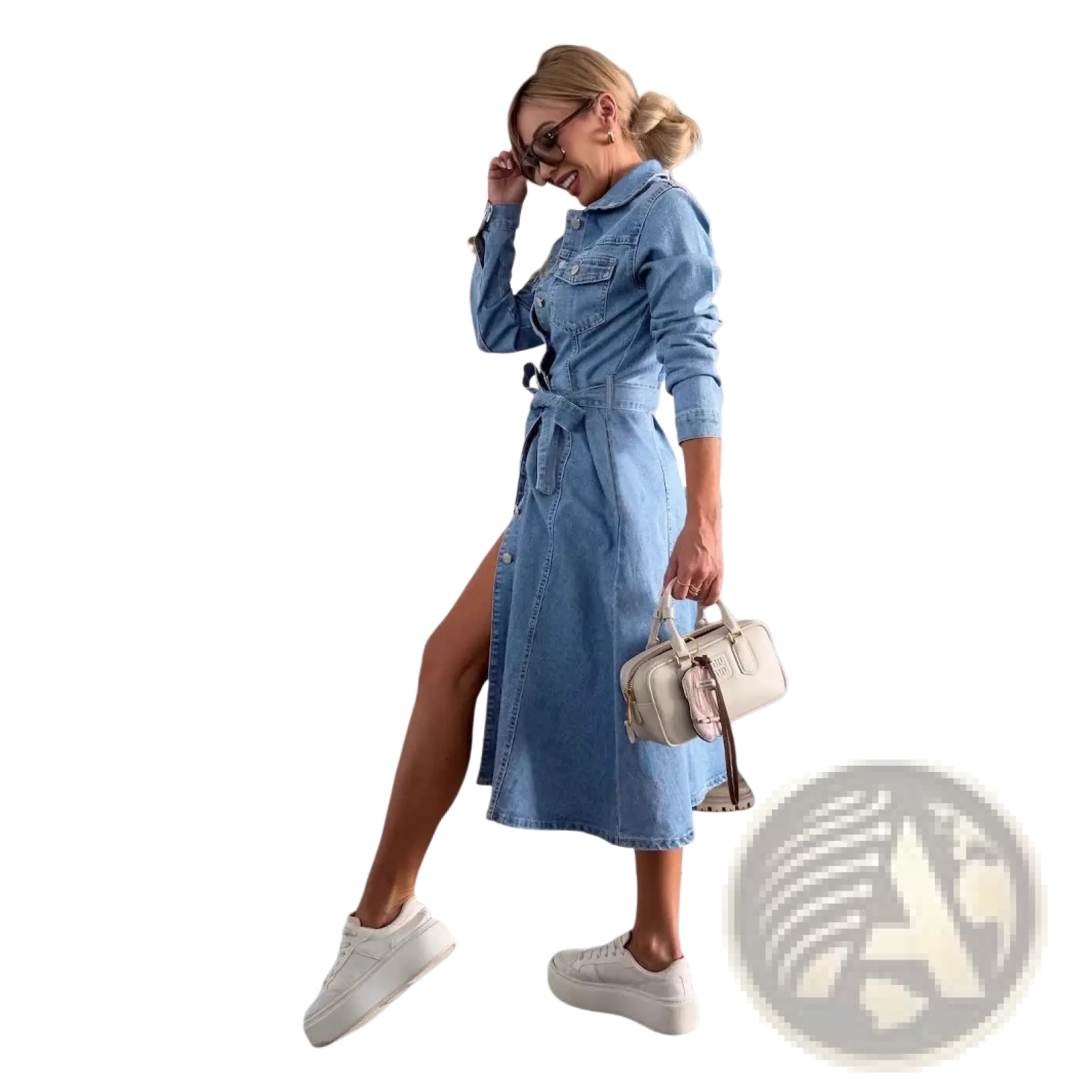 Light blue denim midi shirt dress with button-up front, belted waist, and high slit for stylish wear