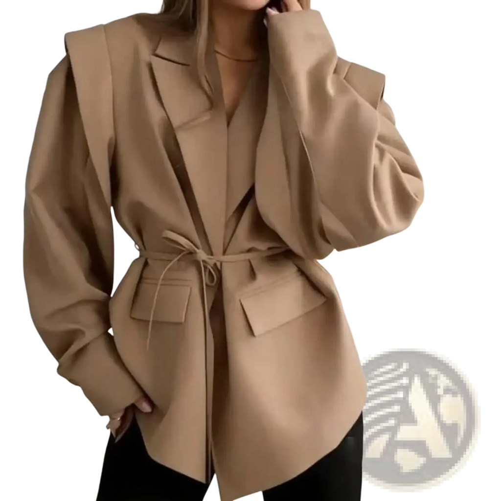 Beige oversized belted satin blazer jacket with structured shoulders for office workwear