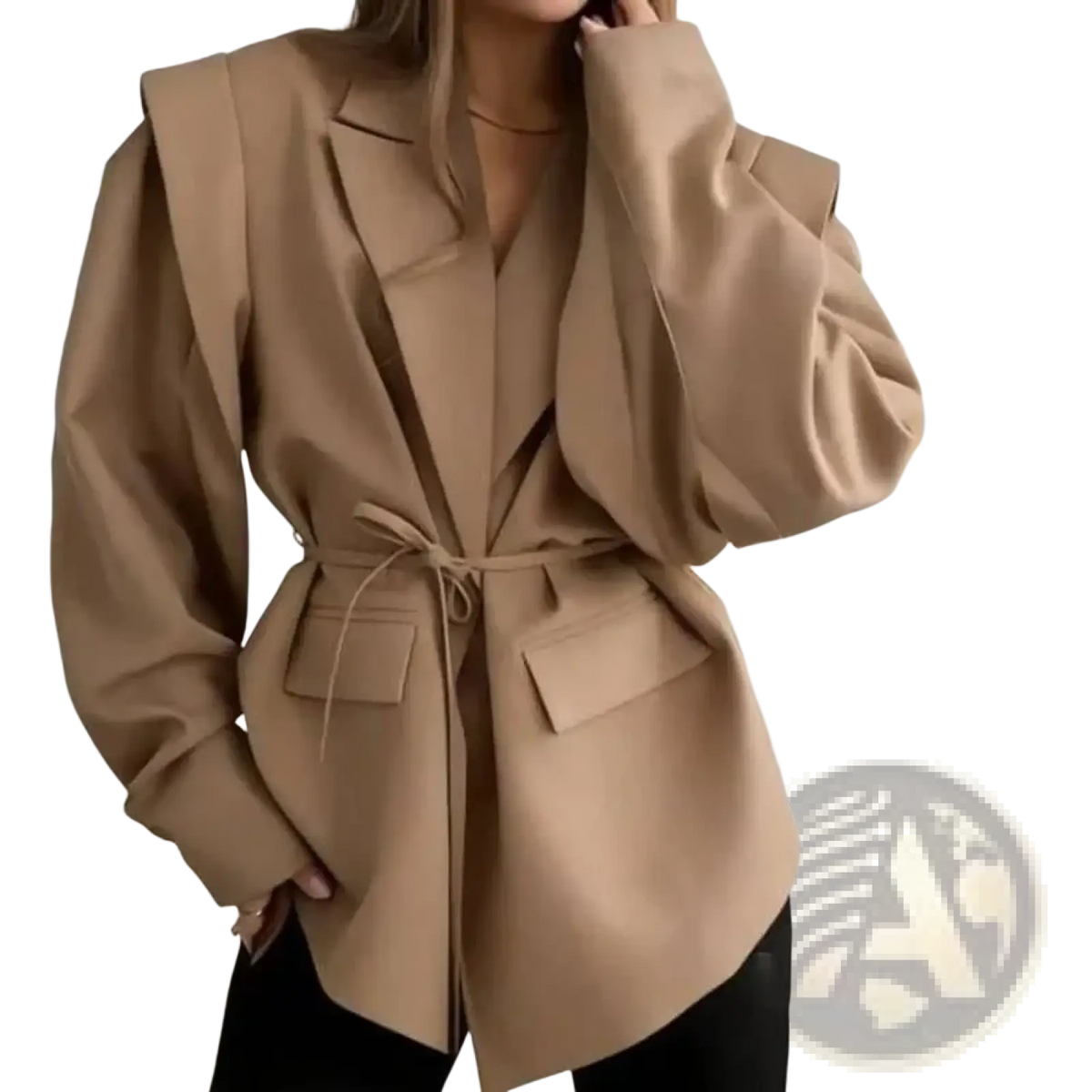 Beige oversized belted satin blazer jacket with structured shoulders for office workwear