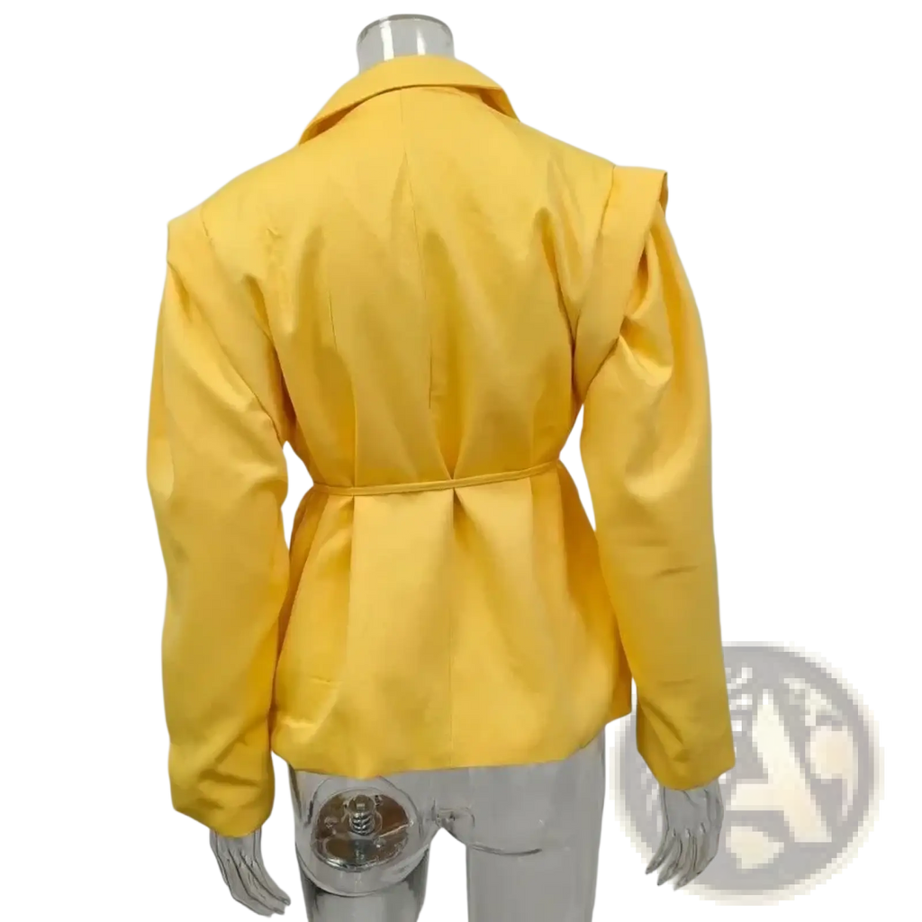 Bright yellow belted satin blazer jacket with a cinched waist and structured shoulders for office workwear
