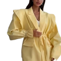 A vibrant yellow belted satin blazer jacket with dramatic puffed sleeves for office workwear