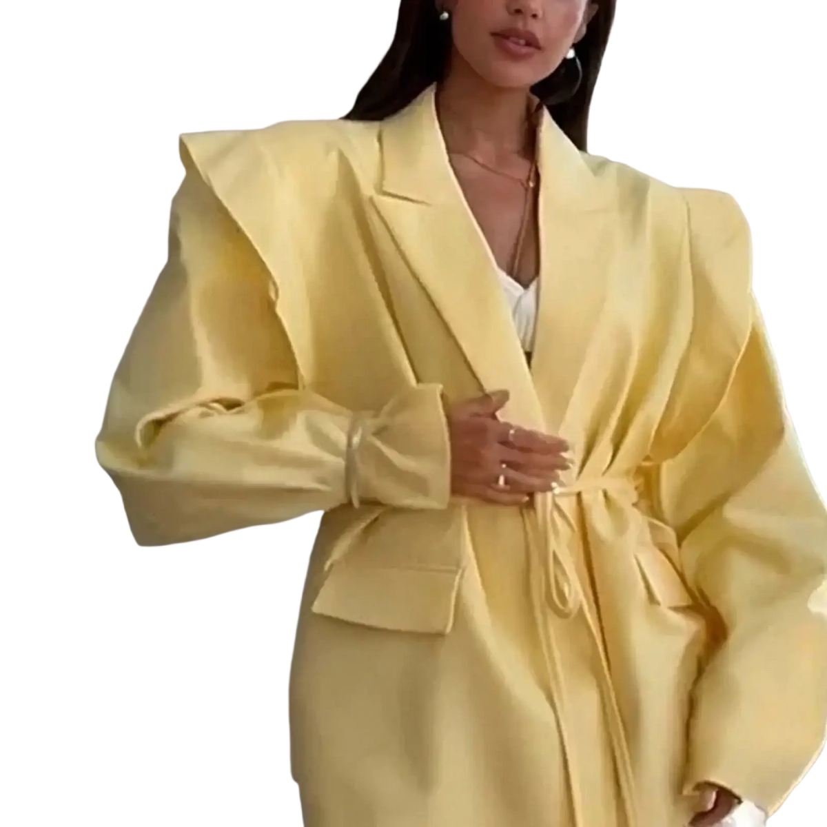 A vibrant yellow belted satin blazer jacket with dramatic puffed sleeves for office workwear