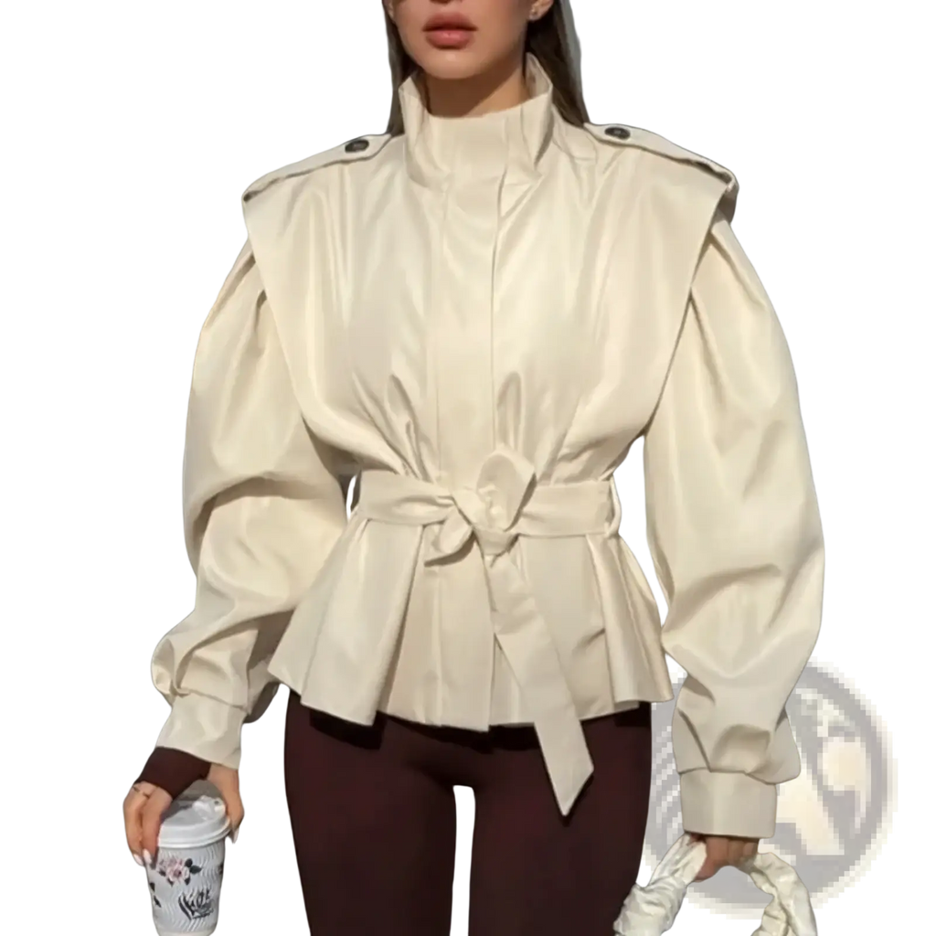Cream-colored structured trench coat with puffed sleeves and belted waist for women autumn outerwear