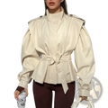 Cream-colored structured trench coat with puffed sleeves and belted waist for women autumn outerwear
