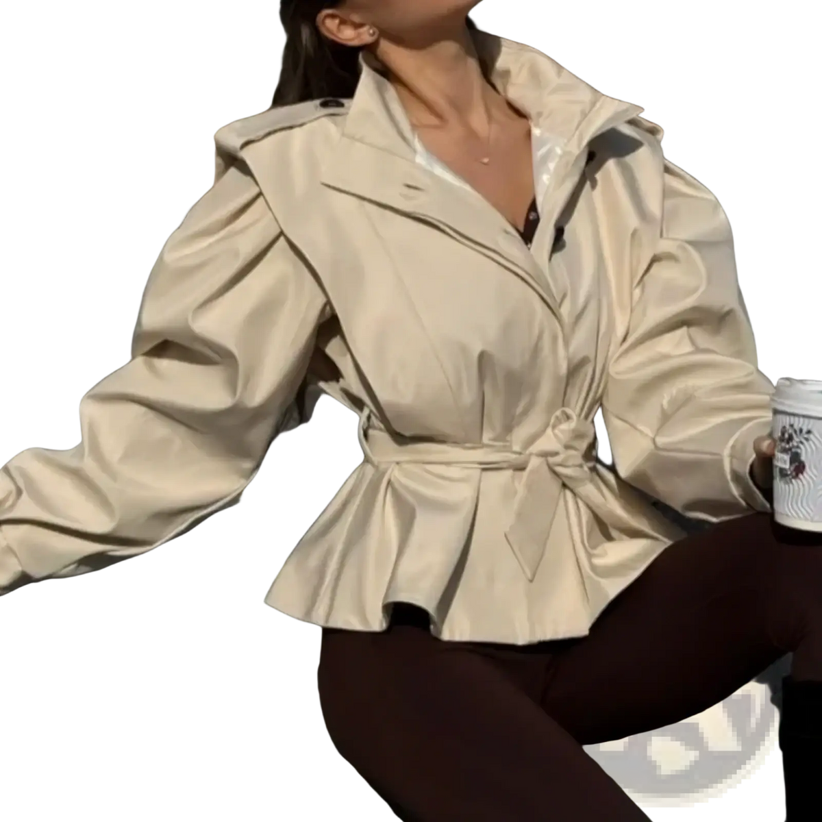 Beige faux leather belted trench coat for women with puffed sleeves and peplum hem autumn outerwear
