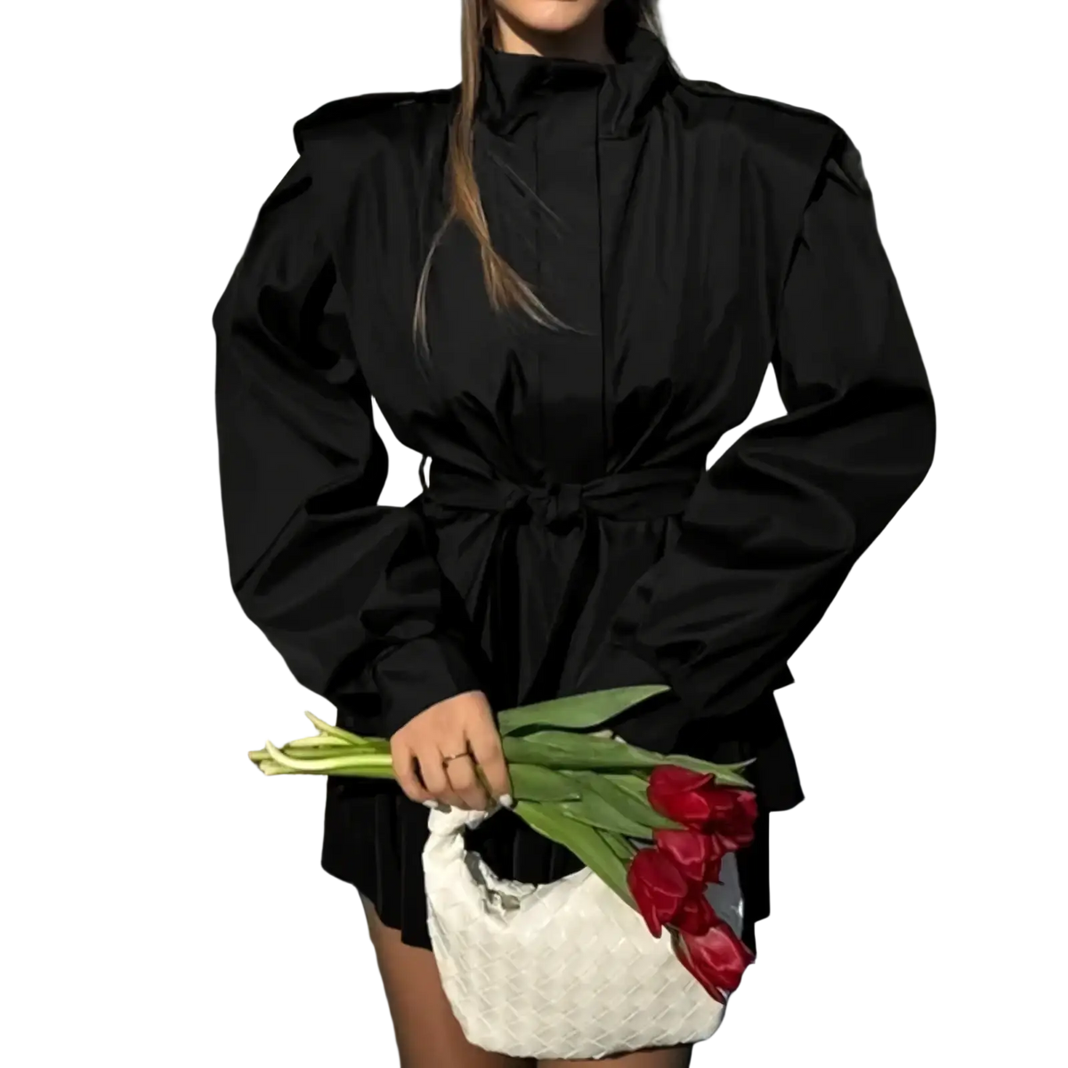 Black high-necked belted trench coat with puffed sleeves for women autumn outerwear in a sleek fabric