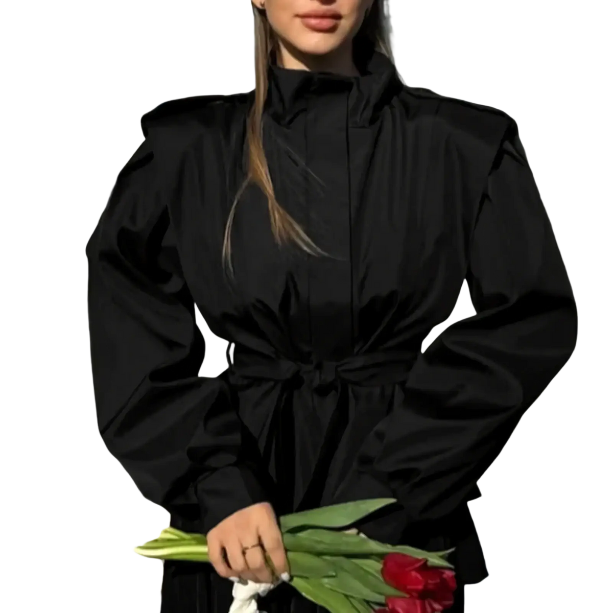 Black belted trench coat for women with high neck, puffed sleeves, and tied waistband perfect for autumn outerwear