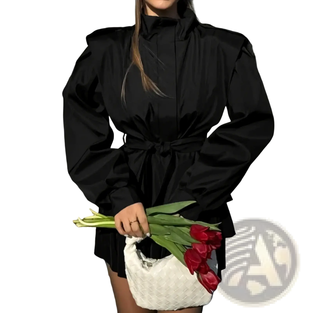 Black high-necked belted trench coat with puffed sleeves for women autumn outerwear in a sleek fabric