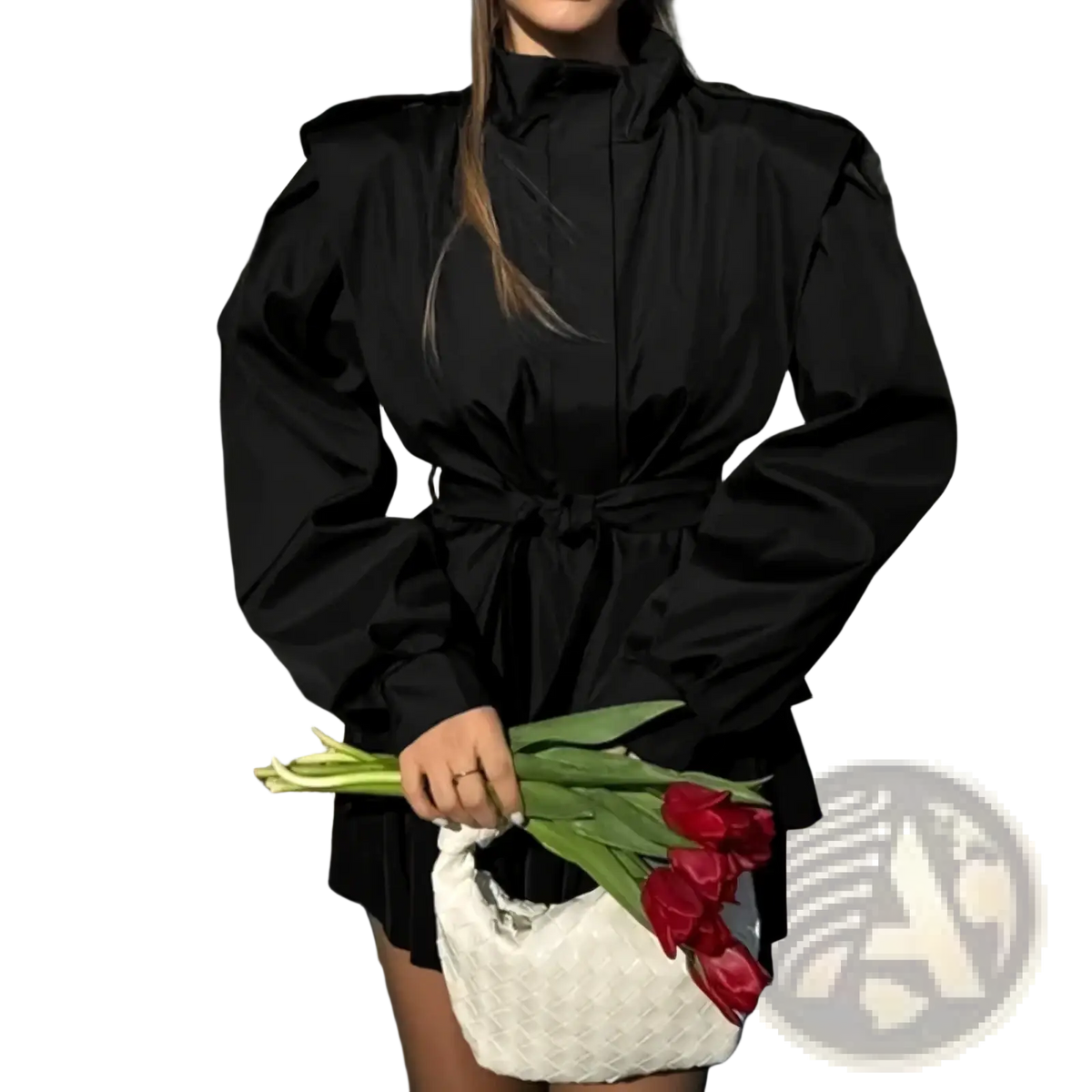 Black high-necked belted trench coat with puffed sleeves for women autumn outerwear in a sleek fabric