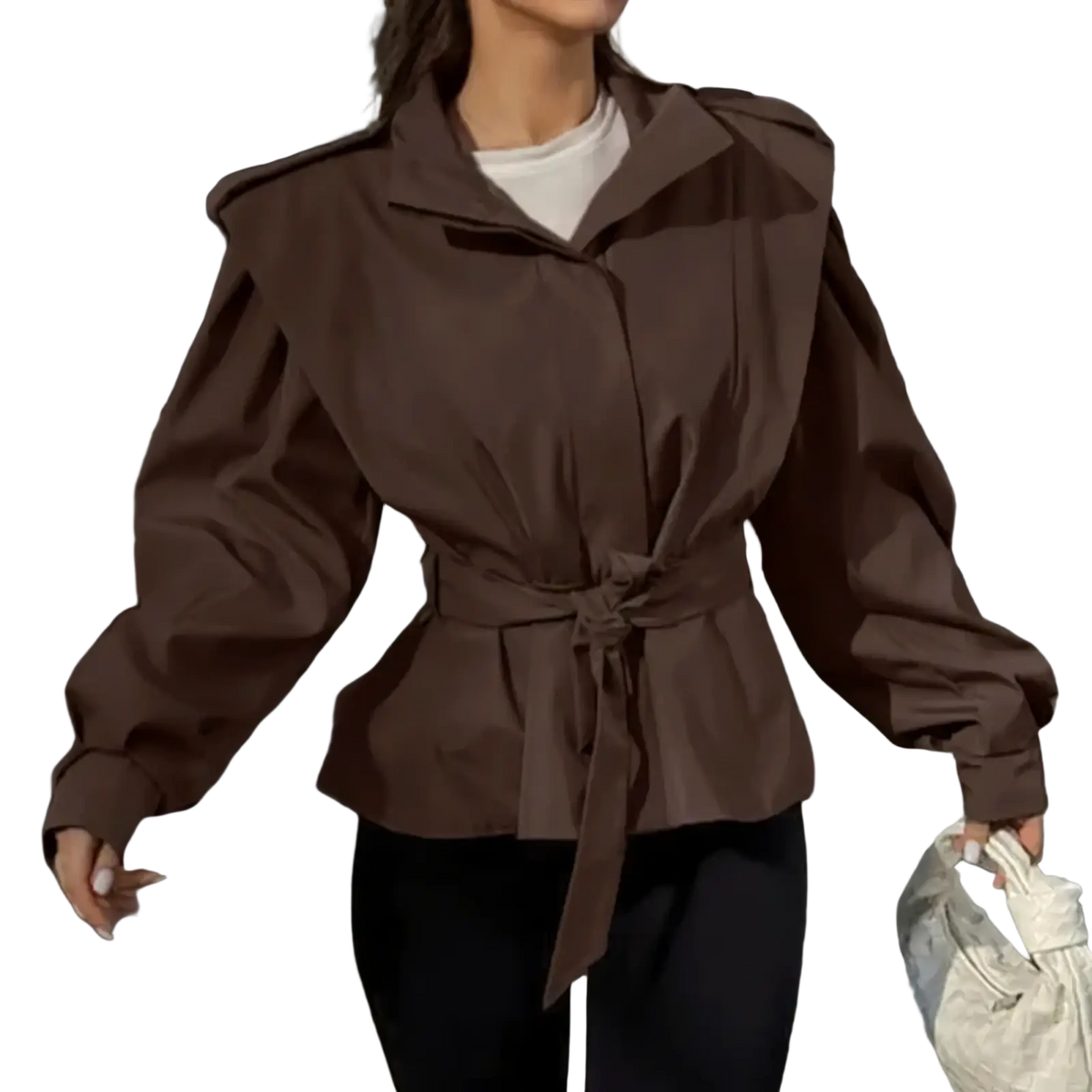 Brown belted trench coat with puffed sleeves and cinched waist for women autumn outerwear