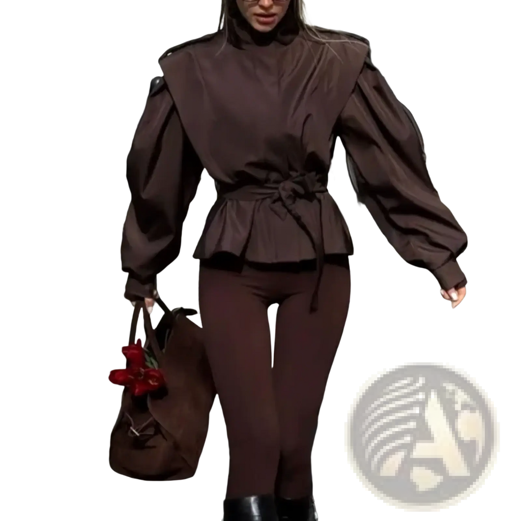 Brown high-neck blouse with puffed sleeves and tied waistband for women autumn outerwear belt trench coat style