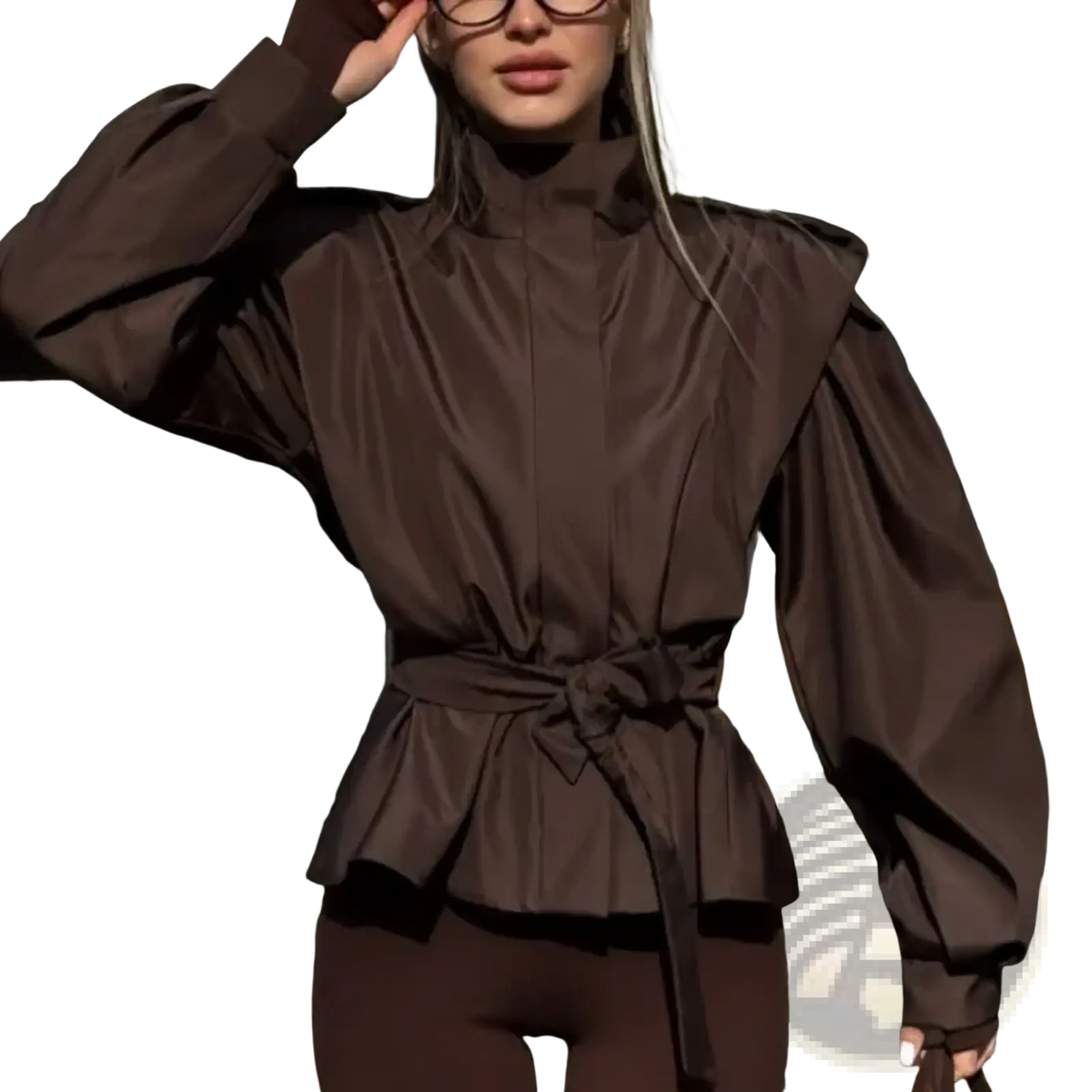 Brown high-neck blouse with voluminous sleeves and tied waistband paired with belted trench coat autumn outerwear