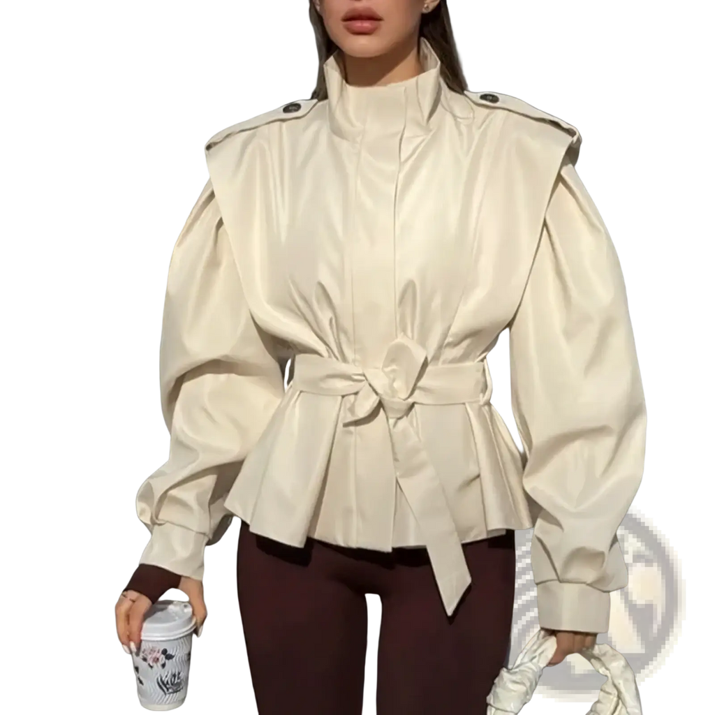 Cream-colored structured trench coat with puffed sleeves and belted waist for women autumn outerwear