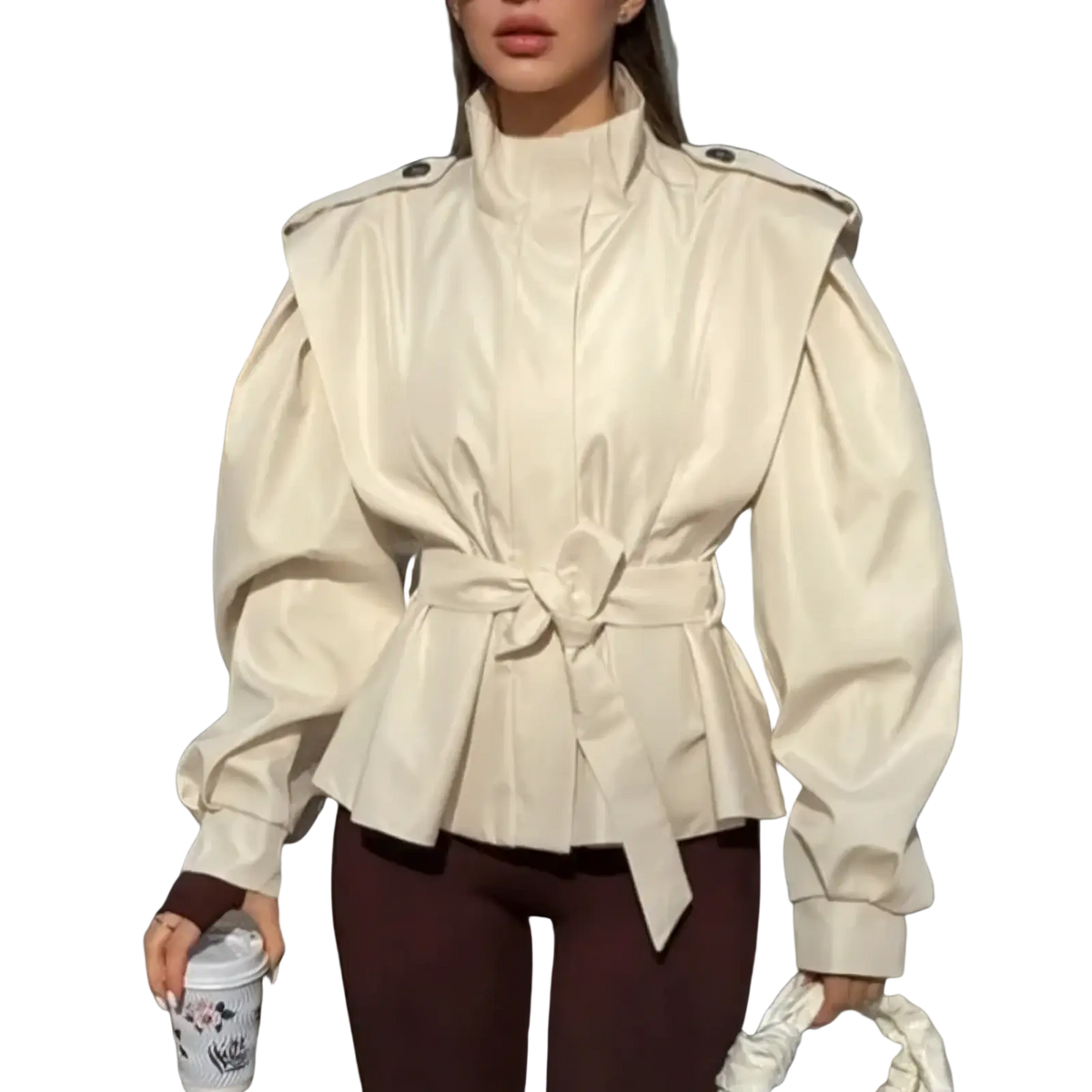 Cream-colored structured trench coat with puffed sleeves and belted waist for women autumn outerwear