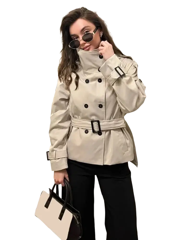 Beige belted trench coat women vintage double breasted jacket with black buttons and belt buckle in classic design