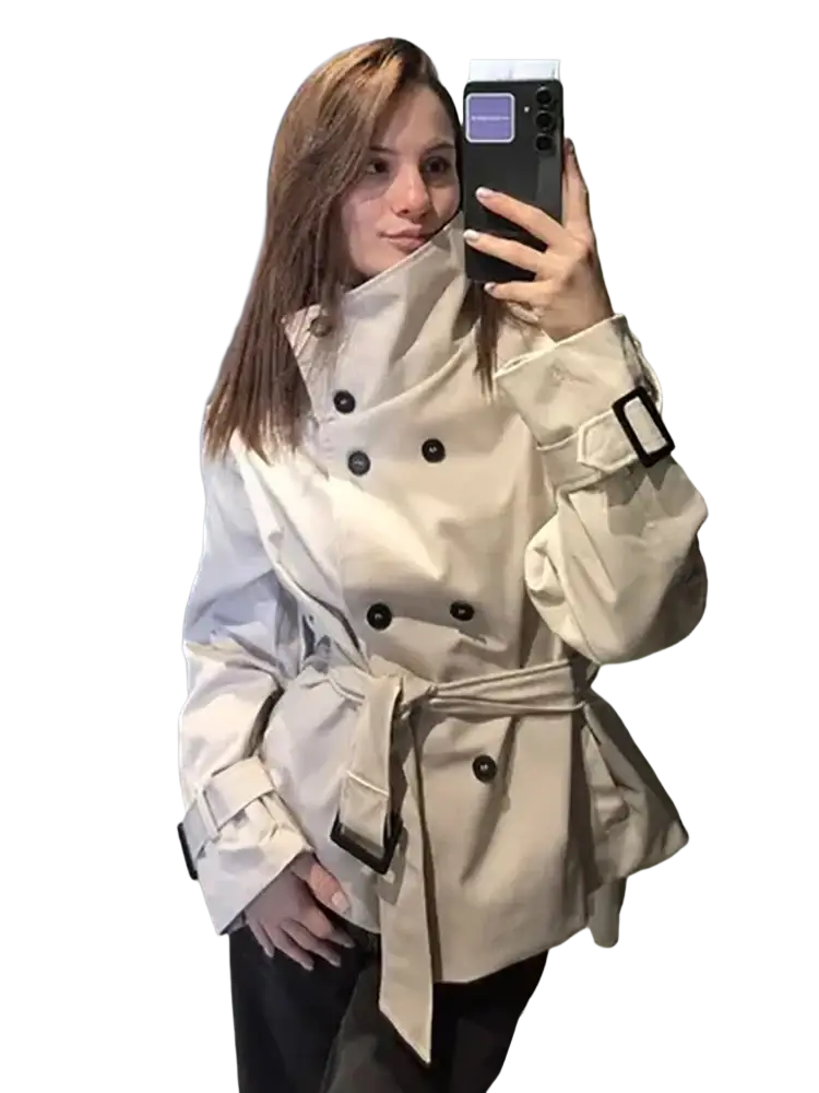 Beige belted trench coat for women with black buttons and belt loops vintage double breasted jacket front view