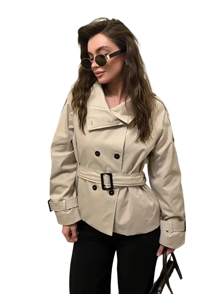 Beige belted trench coat for women with black buttons and double breasted vintage style jacket design