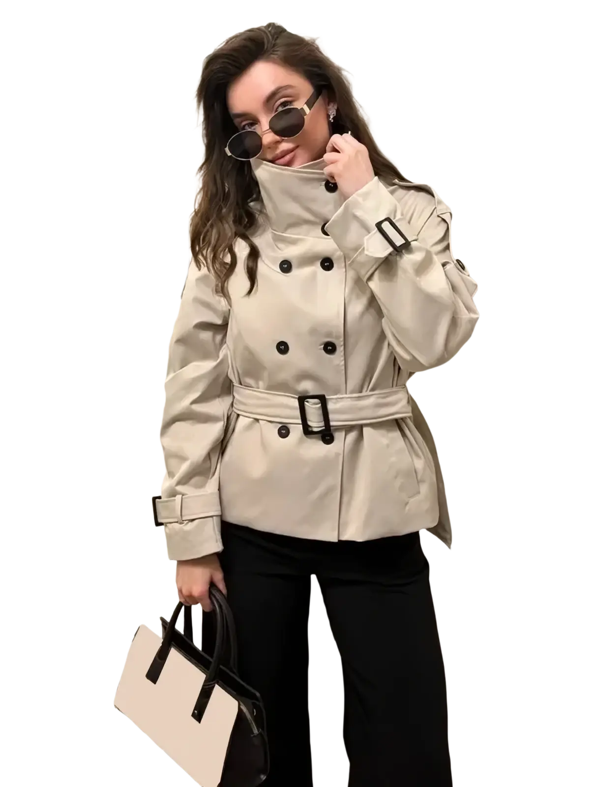 Beige belted trench coat women vintage double breasted jacket with black buttons and belt buckle in durable fabric