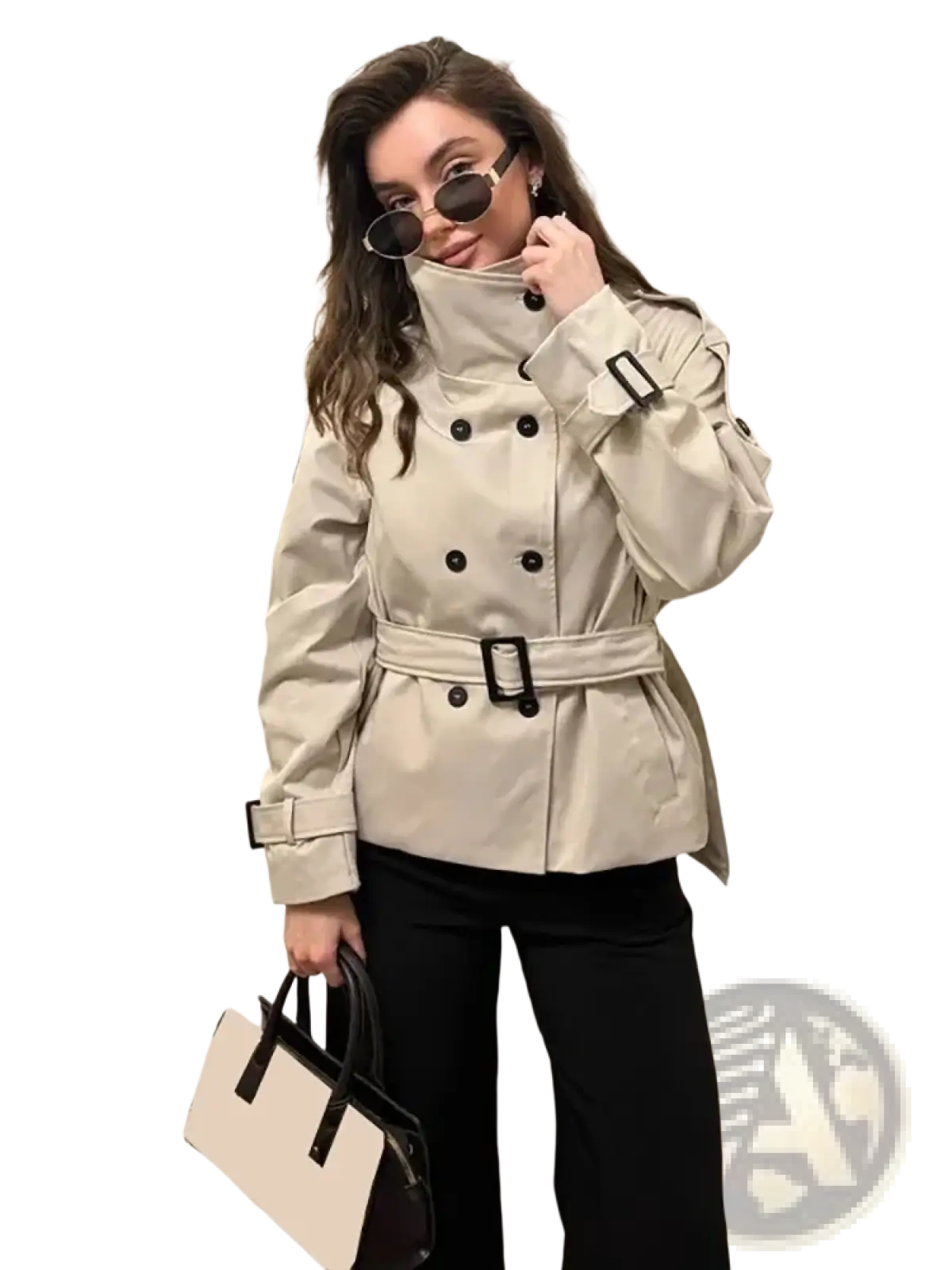 Beige belted trench coat women vintage double breasted jacket with black buttons and belt buckle in classic design